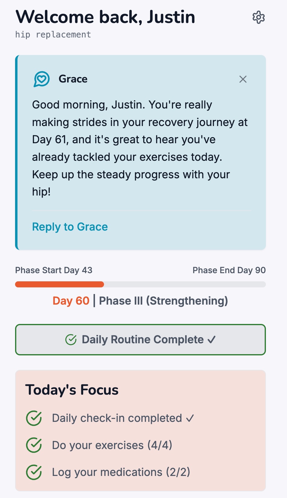 Grace AI companion showing personalized morning recovery message for hip replacement patient